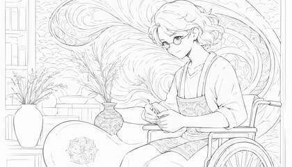 Coloring page of a girl in a wheelchair crafting in a cozy room
