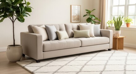 A beige sofa with assorted cushions rests on a geometric rug in a bright room with potted plants and a window