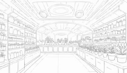 Obraz premium Coloring page of an indoor plant shop filled with various greenery 