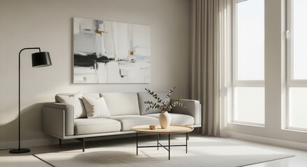 A bright modern living room featuring a grey sofa round wood coffee table abstract wall art and a black floor lamp