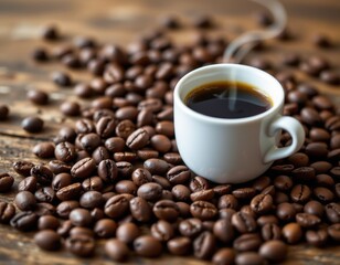 Fototapeta premium a close up of coffee beans beside pale red cells, symbolic anemia avoid coffee intake, realistic natural food photography, rustic warm daylight background kitchen setting.