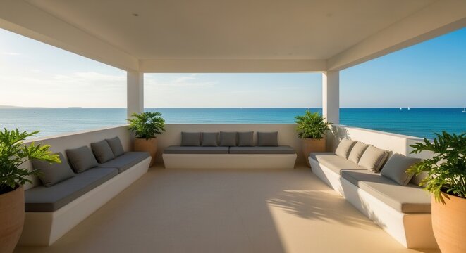 A bright outdoor terrace with white built-in seating grey cushions and potted plants overlooks a calm blue ocean under a clear sky with distant land and sailboats