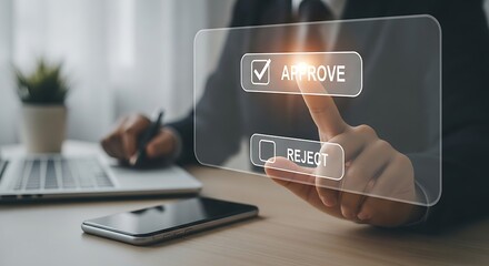 Business persons finger touching a virtual screen with an approve checkbox, symbolizing decision making and agreement in a modern office setting
