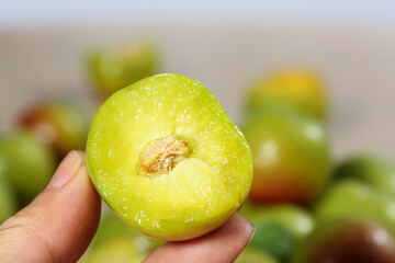 Fresh Green Plum Half Cut Open Showing Pit and Juicy Flesh in Hand
