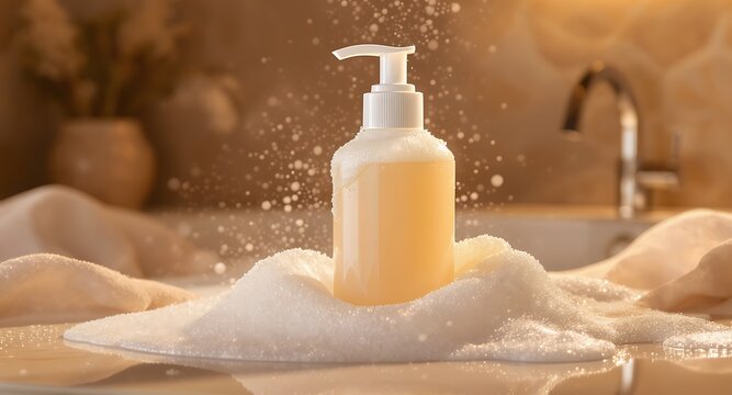 Elegant liquid soap pump bottle mockup surrounded by luxurious foam and water splashes for cosmetic product branding