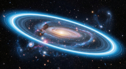 Ringed Spiral Galaxy Illuminated by a Bright Blue Cosmic Ring space stars