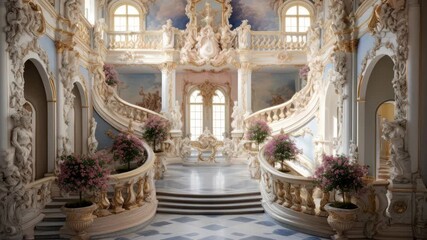 Elegant baroque interior with grand staircase, ornate details, and soft lighting. Wide-angle shot captures opulence, perfect for a historical video backdrop. Live desktop wallpaper.