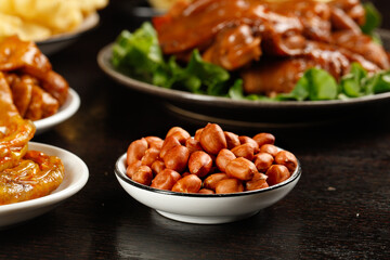 Chinese Appetizer Combo with Roasted Peanuts Duck and Beef Meatballs Traditional Guangxi Cuisine Side Dishes