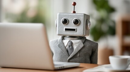 Robot dressed in a suit sitting at a desk and working on a laptop in a modern office environment