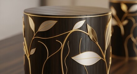 A dark wood-textured cylindrical object adorned with intricate gold vines and stylized white and gold leaves presented in a soft-focus setting
