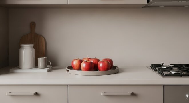 A kitchen counter showcases a white jar wooden cutting board a mug a tray with red apples and a gas stovetop Overhead and base cabinets frame the scene
