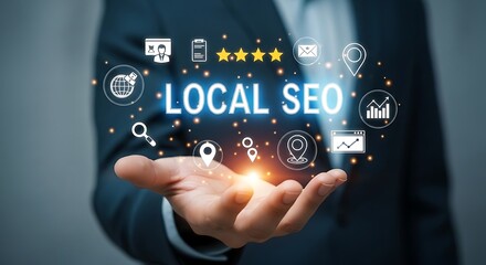 Businessman holding a glowing hologram of local seo icons and text, representing search engine optimization for local businesses