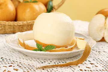 Shandong Moon Pear Ice Cream Dessert with Mint Garnish - Fresh Autumn Fruit Treat