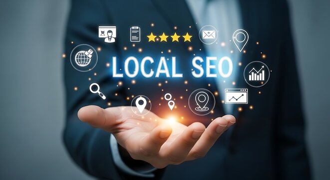 Businessman holding a glowing hologram of local seo icons and text, representing search engine optimization for local businesses - Powered by Adobe