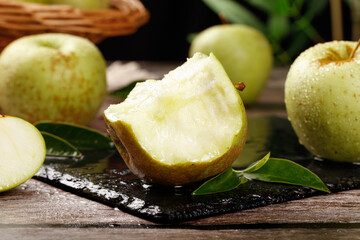 Fresh Green Shandong Apples Sliced on Slate Board - Sweet Sour Fruit