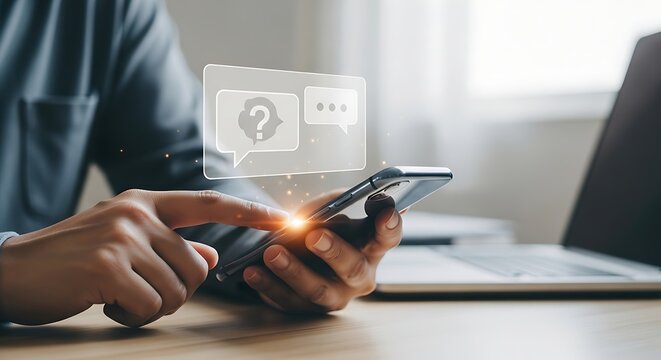 Person using smartphone with chat bubble icon and question mark, representing customer support or online communication