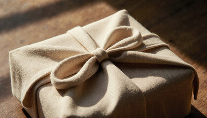 Furoshiki gift wrap in natural fabric. Sustainable and eco-friendly present wrapping. Traditional Japanese zero-waste packaging concept.