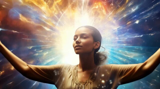 A surreal video concept featuring a woman in profile with a cosmic explosion backdrop. The low-angle shot enhances the ethereal atmosphere. Live desktop wallpaper.