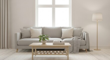 A modern living room featuring a light gray sofa a wooden coffee table with a plant and books a floor lamp and a large window