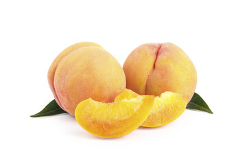 Fresh Ripe Peaches with Slices and Leaves on White Background Studio Shot