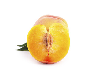 Fresh Cut Peach Half with Yellow Pulp on White Background - Healthy Organic Fruit Studio Shot