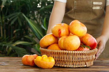 Fresh Shandong Peaches in Wicker Basket - Organic Fruit Harvest Display