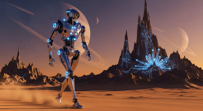 Futuristic Robot Walking on Alien Planet Under Distant Planets