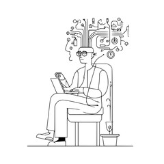Man sitting on chair with laptop and complex wiring above head in a black and white line drawing style