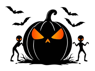 Spooky and Fun: This New Vector Illustration Captures the Spirit of Halloween with a Scary Pumpkin with  Bats, and Curious Aliens.