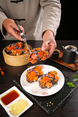 Fresh Yangcheng Lake Hairy Crabs Traditional Chinese Cuisine Preparation with Chef Hands Closeup