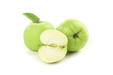 Fresh Green Apples from Shaanxi China with Water Droplets and Sliced Apple Showing Crisp White Flesh