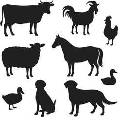 Farm animal silhouettes vector set, cow, goat, sheep, duck, horse, dog, domestic livestock icons, black rural animal illustration
