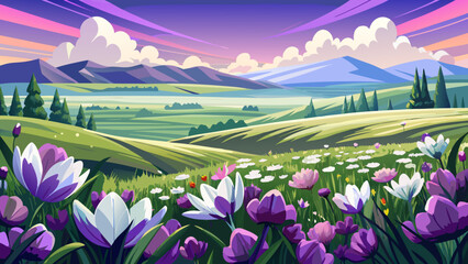 Wonderful panoramic view of rolling grassland, blanketed by purple and white blossoms. Close-up framing reveals delicate veins of petals, capturing the tender balance of color, light, and serene wilde