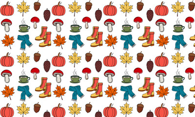Vector Autumn Pattern Set: Pumpkin, Mushrooms, and Leaves