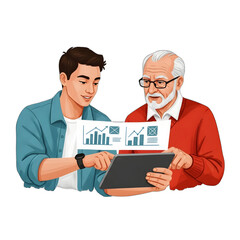 A young man and an older gentleman reviewing financial data on a tablet.