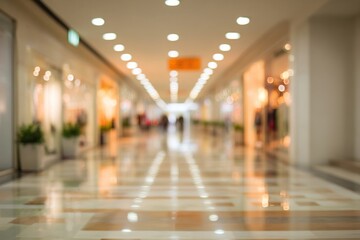 Abstract blur shopping mall corridor. Blurred retail and hall interior in department store. Defocused bokeh effect background or backdrop for business concept. High quality