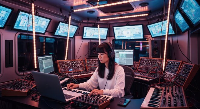 Woman working in a music studio full of synthesizers.
