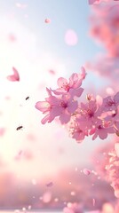 Fototapeta premium Delicate pink blossoms, petals falling in soft sunlight