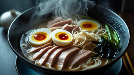 A steaming bowl of Japanese ramen with soft-boiled eggs, sliced pork, bamboo shoots, mushrooms, and seaweed