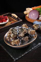 Fresh Yangcheng Lake Hairy Crabs Display with Cooking Ingredients on Dark Wood Background