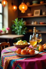 Fototapeta premium Empty festive table, vibrant Mexican decor, blurred background, stock photo, food, drink