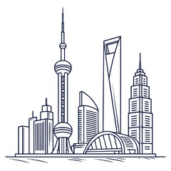 Obraz premium Captivating line art cityscape featuring iconic Shanghai skyscrapers and modern architecture, ideal for urban design and travel inspiration projects