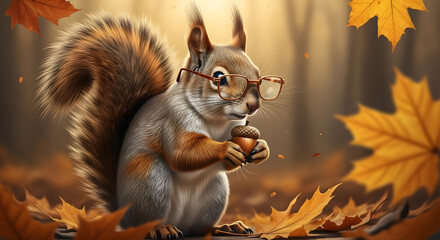 Obraz premium Squirrel with glasses holding acorn in autumn leaves background