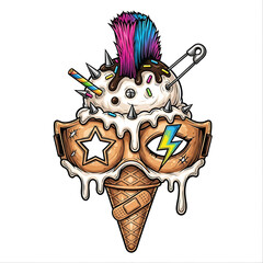 Whimsical punk rock ice cream cone with mohawk and safety pin isolated on white background
