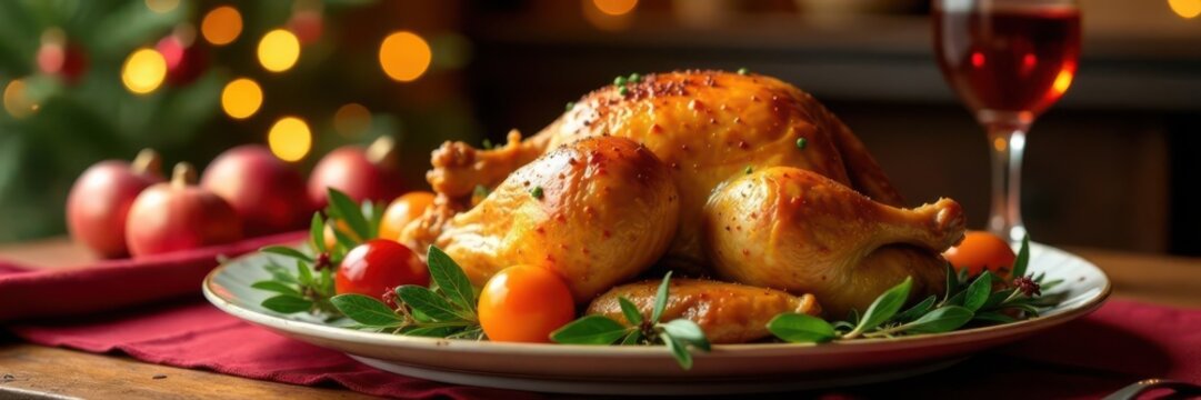 Golden roasted poultry centerpiece, Christmas feast setting , holiday, gifts