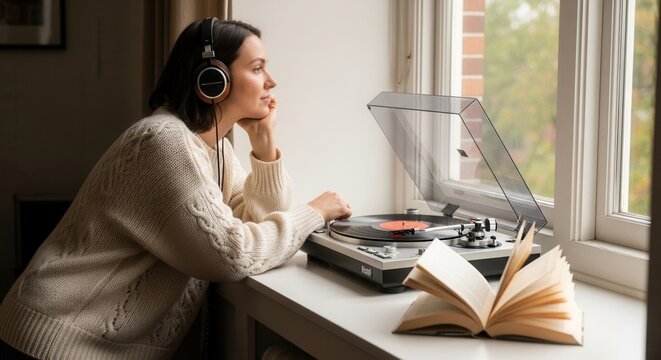 A person with headphones by a window listens to music on a turntable beside an open book looking thoughtfully outside