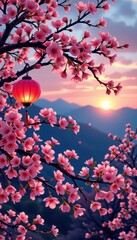 Beautiful blooming cherry blossom tree branches with pink flowers du sunset with mountain landscape and traditional lantern for sp season