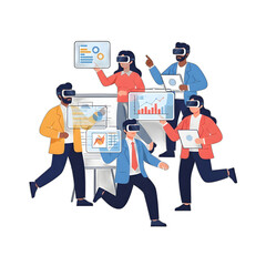 Group of diverse people wearing VR headsets and interacting with data visualizations, running in a virtual environment.