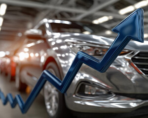 Automotive Growth Trajectory: An upward trending arrow superimposed on a sleek, modern car, symbolizing the growth and progress in the automotive sector.