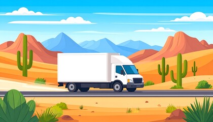 Flat Cartoon White Delivery Truck | Minimalist Illustration of Vehicle Driving Fast Across Desert Road
